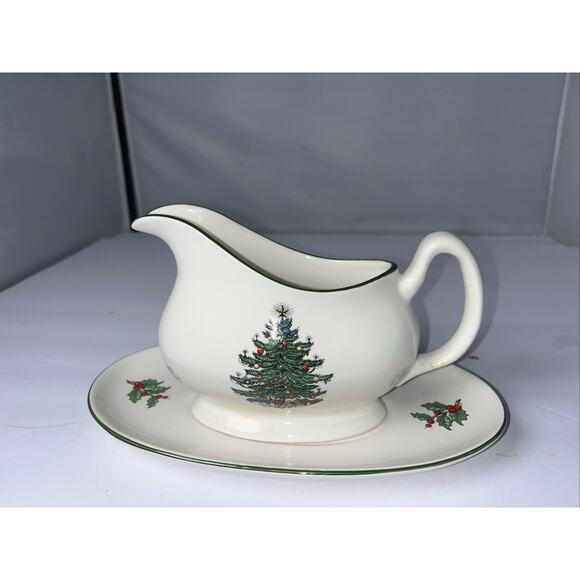 Cuthbertson Original Christmas Tree Wide Green Band Gravy Boat With Plate VNT - Picture 1 of 8
